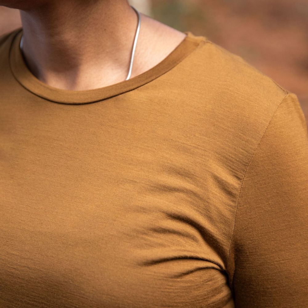 Close up shoulder - Merino Long Sleeve top in Kunanyi - Bronze © Bluey Merino Tasmania