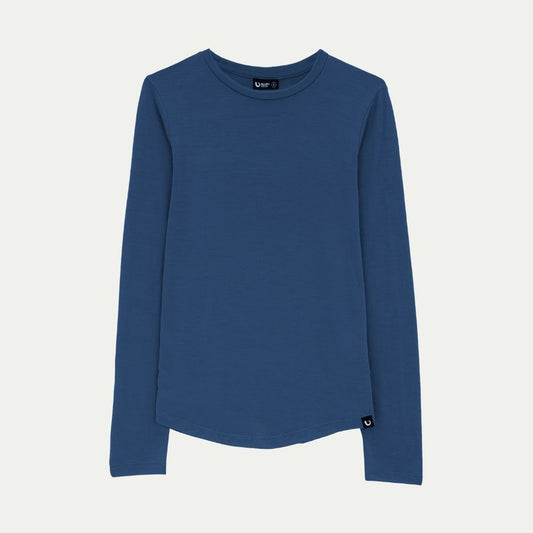 Blue - Tasman Merino long-sleeve shirt on a white background © Bluey Merino Tasmania