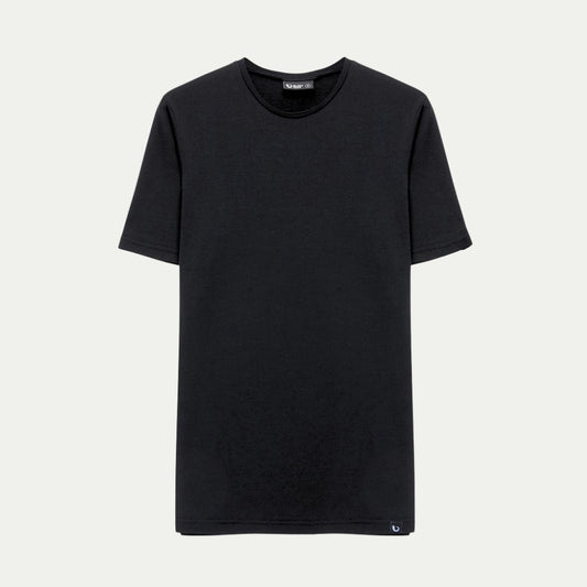 Merino Black t-shirt on a light gray background