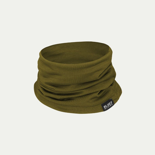 Olive Green - Merino neck gaiter - chute - neck warmer - with a brand label on a white background © Bluey Merino Tasmania