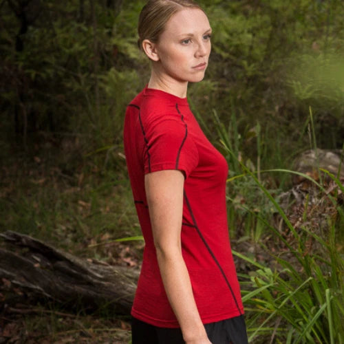 Women's Tasmanian Merino Outdoor T-Shirt Red + Black (XS) - Final Sale - Bluey Merino Tasmania
