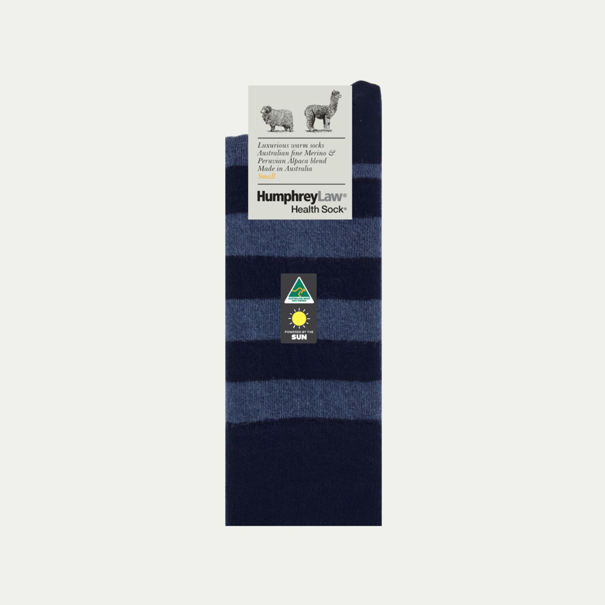 Navy and pale blue striped Merino and Alpaca sock by Humphrey Law 