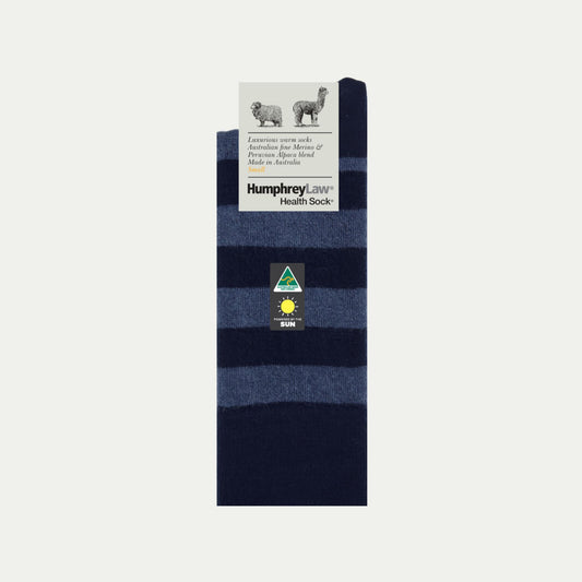 Navy and pale blue striped Merino and Alpaca sock by Humphrey Law 