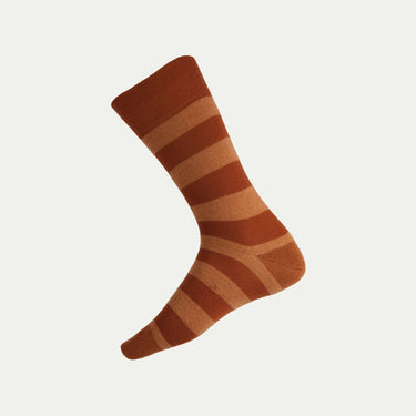 Terracotta and Brown striped sock with Humphrey Law branding on a white background - Ghost.