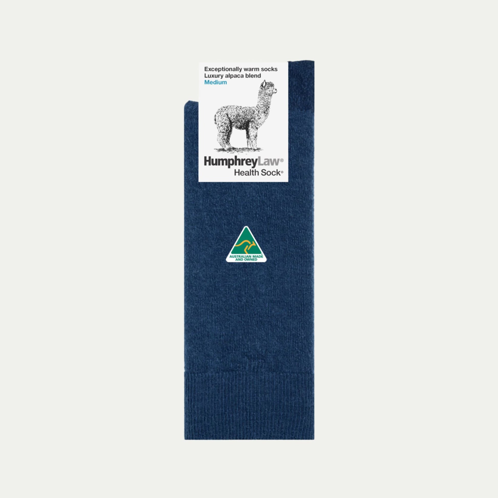 Blue sock with Humphrey Law branding on a white background