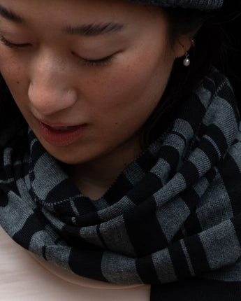 Tasmanian Merino Weekender Scarf – Grey + Currawong (Black) - Bluey Merino Tasmania