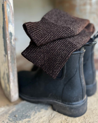 20C_Choc+Sage Stockman Merino Blend socks. Photographed sitting on top of a pair of Merry People boots. Image © Bluey  Merino Tasmania