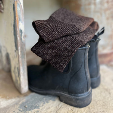 20C_Choc+Sage Stockman Merino Blend socks. Photographed sitting on top of a pair of Merry People boots. Image © Bluey  Merino Tasmania