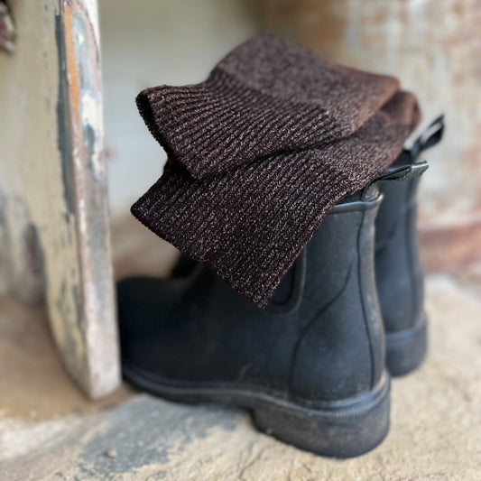 20C_Choc+Sage Stockman Merino Blend socks. Photographed sitting on top of a pair of Merry People boots. Image © Bluey  Merino Tasmania