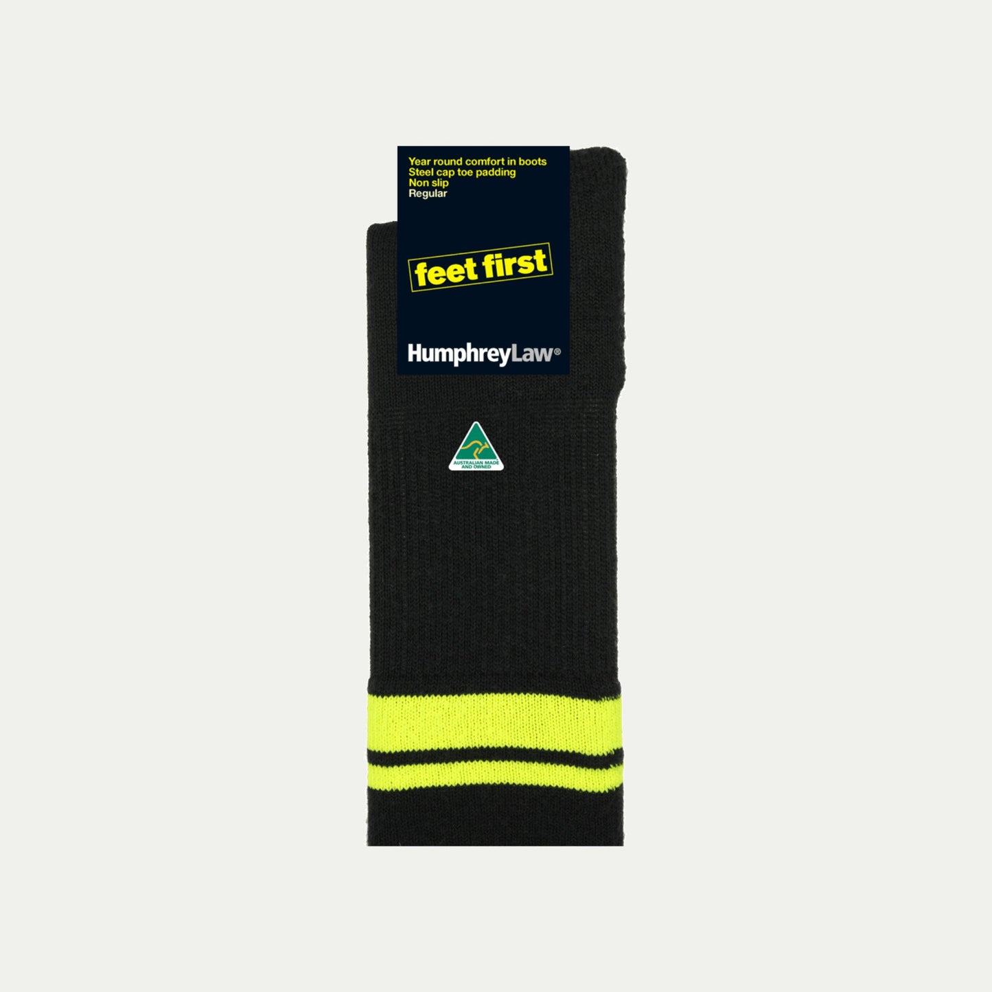 32C_Black and Fluro Yellow Wool blend sock with 'feet first' © Humphrey Law