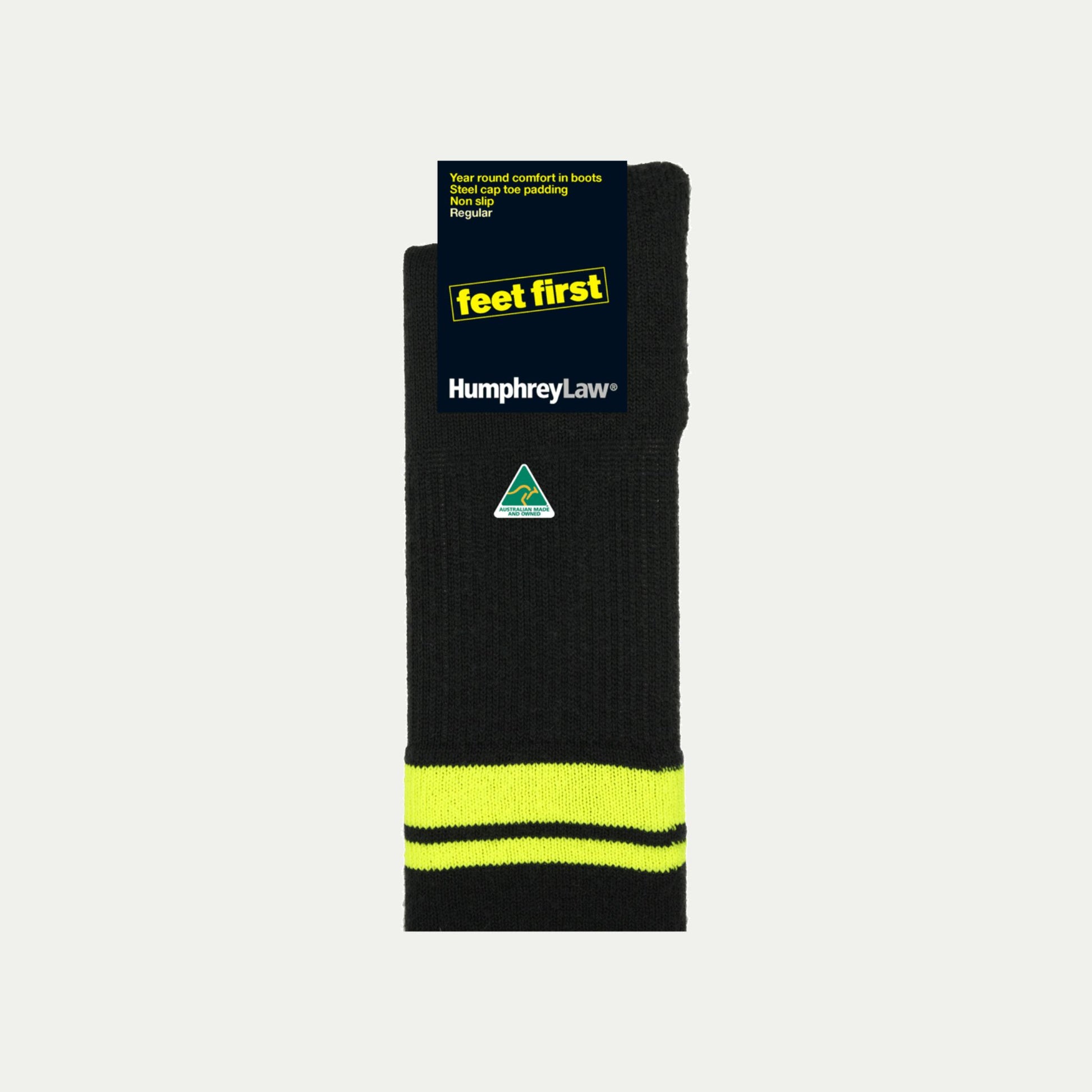 32C_Black and Fluro Yellow Wool blend sock with 'feet first' © Humphrey Law