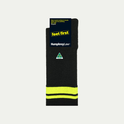 32C_Black and Fluro Yellow Wool blend sock with 'feet first' © Humphrey Law