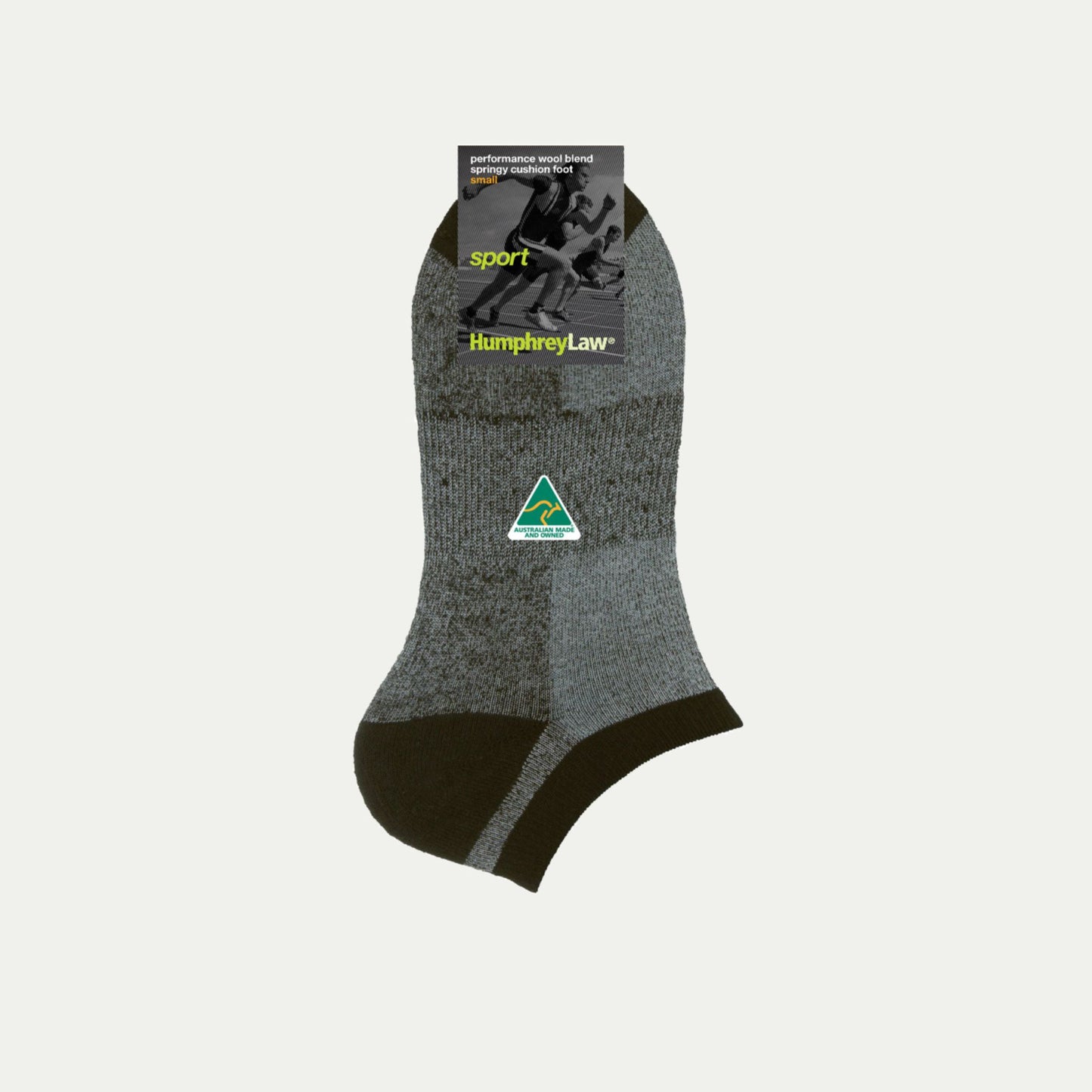 Gray ankle sock with black toes and heels on a white background, featuring a brand logo.