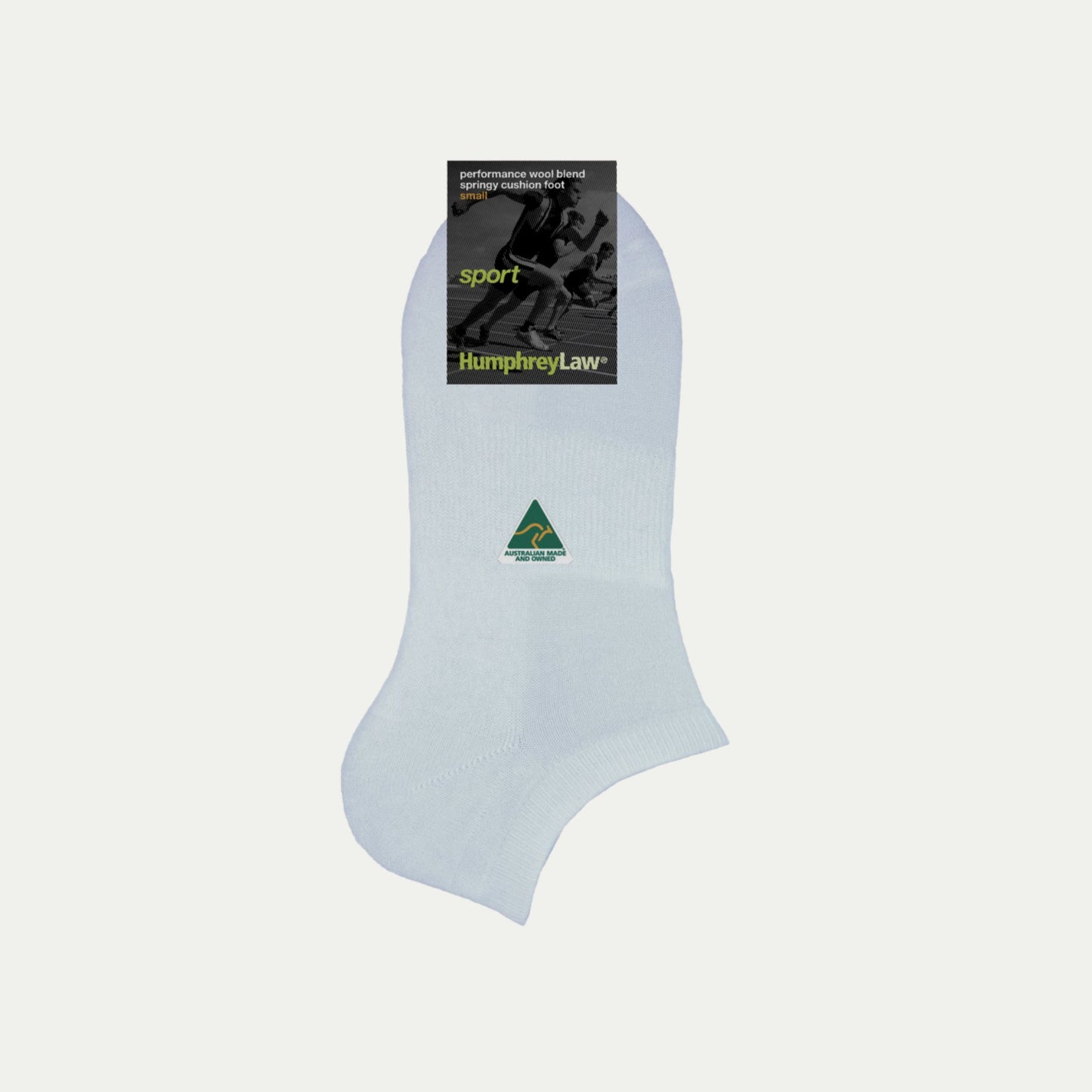 Light blue sock with a brand label on a light gray background