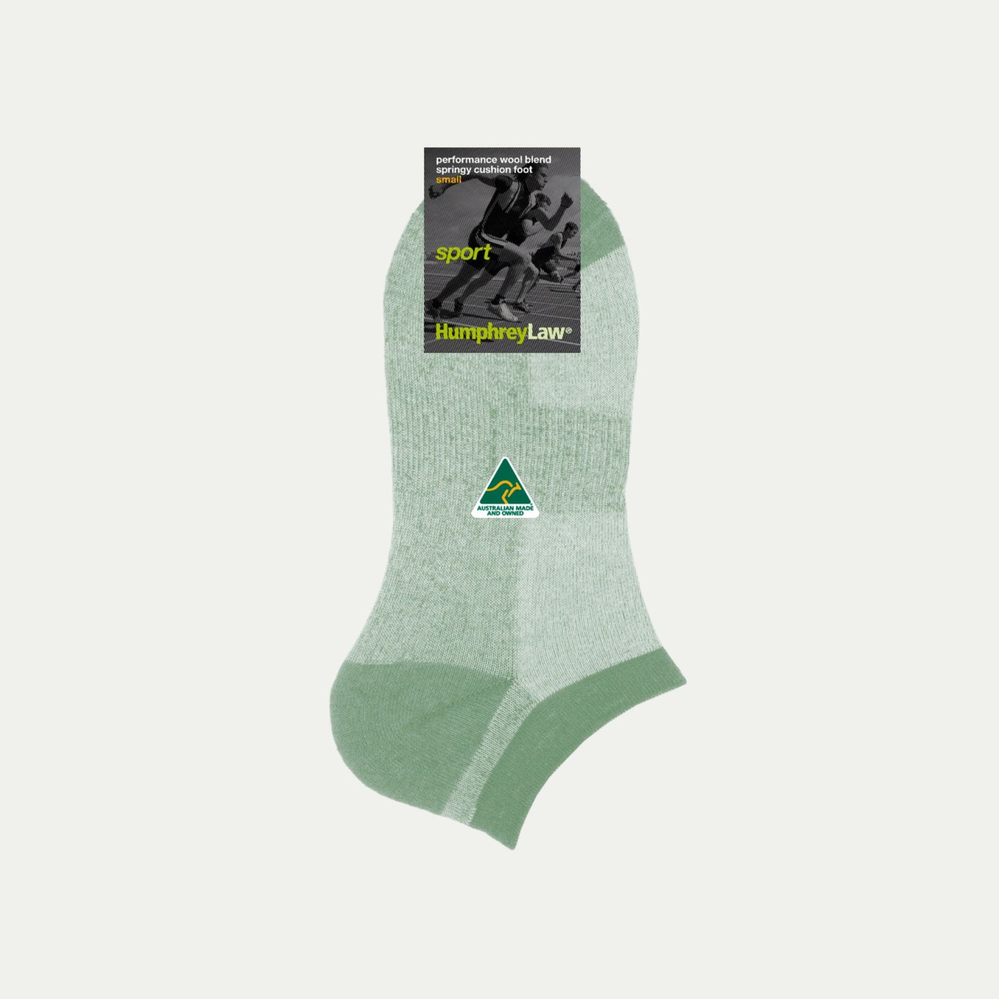 Green ankle sock with Humphrey Law branding on a light gray background