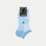 Light blue ankle sock with Humphrey Law packaging on a light gray background