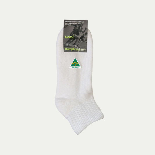 White_Wool/Cotton CoolMax® Sport Sock. © Humphrey Law. Made in Australia.