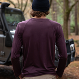 Men’s Tasmanian Merino 180 Raglan Long Sleeve Top viewed from the back. Showing the classic Raglan sleeves that extend all the way to the collar and neckline. The sleeves of this raglan tee are the same colour as the rest of the top - Photography by Melanie Kate Creative -  © Bluey Merino