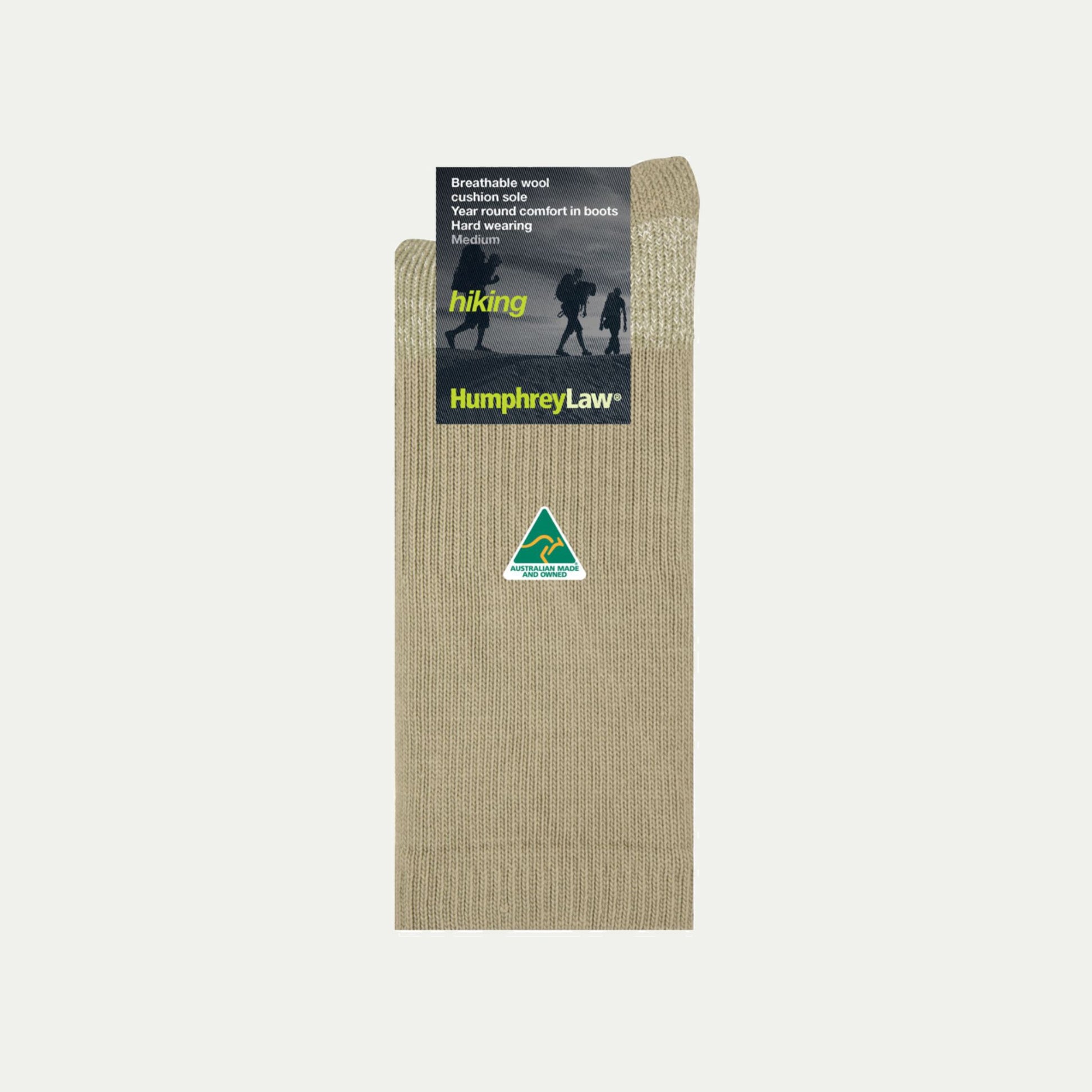 Beige sock with Humphrey Law label on a light gray background