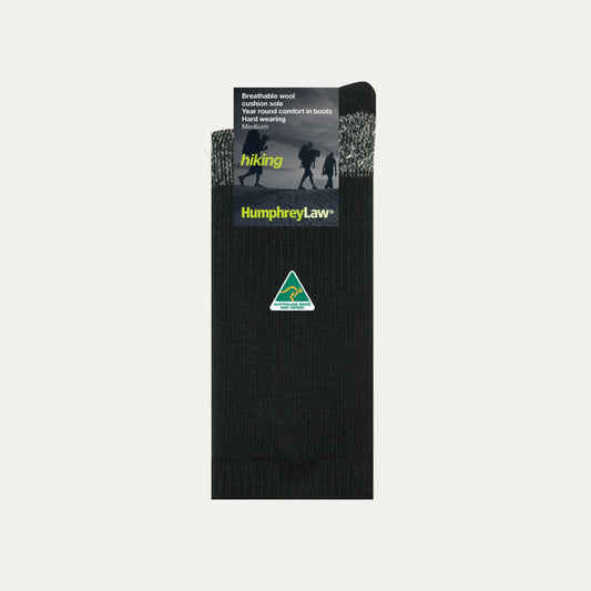 Black sock with Humphrey Law branding on a light gray background