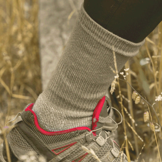 Close-up of a foot wearing a 61C_Antelope_Breathable Merino Hiking Sock in a hiking shoe in a natural setting © Humphrey Law
