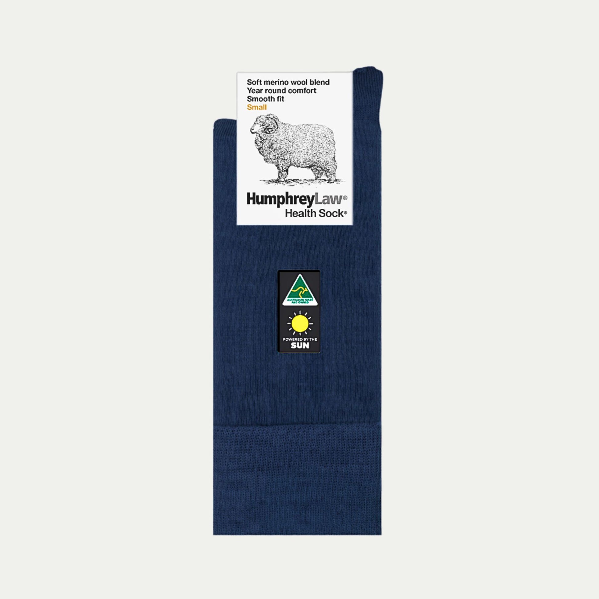 Navy_Merino Wool Crew Sock. No itch guarantee. Health Sock. © Humphrey Law. Made in Australia.