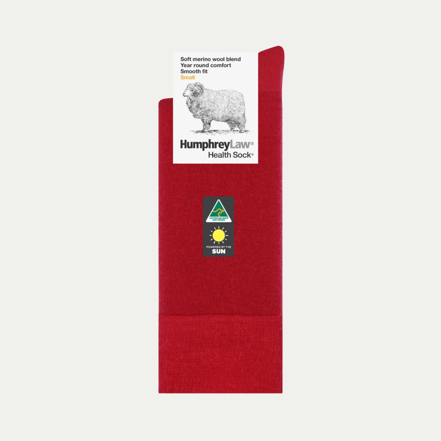 Red_Merino Wool Crew Sock. No itch guarantee. Health Sock. © Humphrey Law. Made in Australia.