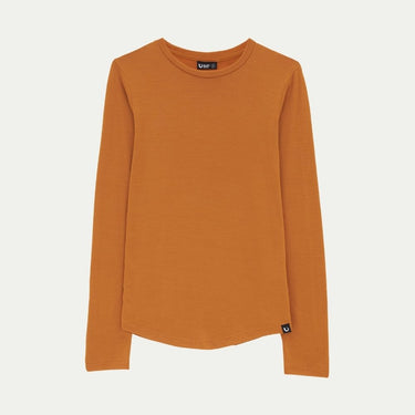 Mustard Yellow (Billy Button) long-sleeve Merino shirt on a white background © Bluey Merino Tasmania