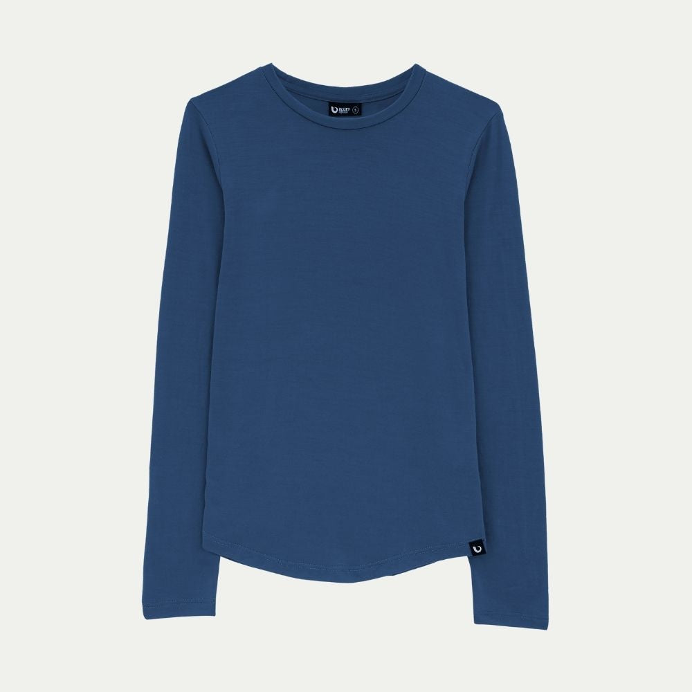 Blue - Tasman Merino long-sleeve shirt on a white background © Bluey Merino Tasmania
