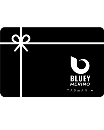 Black gift card with a white bow and 'Bluey Merino Tasmania' logo on a white background © Bluey Merino Tasmania