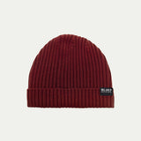 isherman knit burgundy Merino beanie with a brand logo © Bluey merino Tasmania