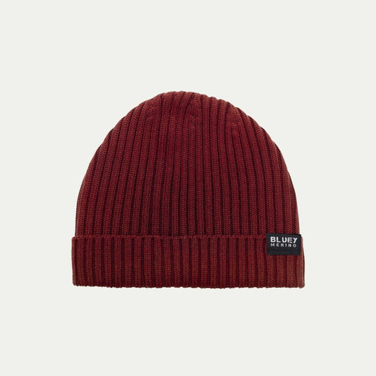 isherman knit burgundy Merino beanie with a brand logo © Bluey merino Tasmania