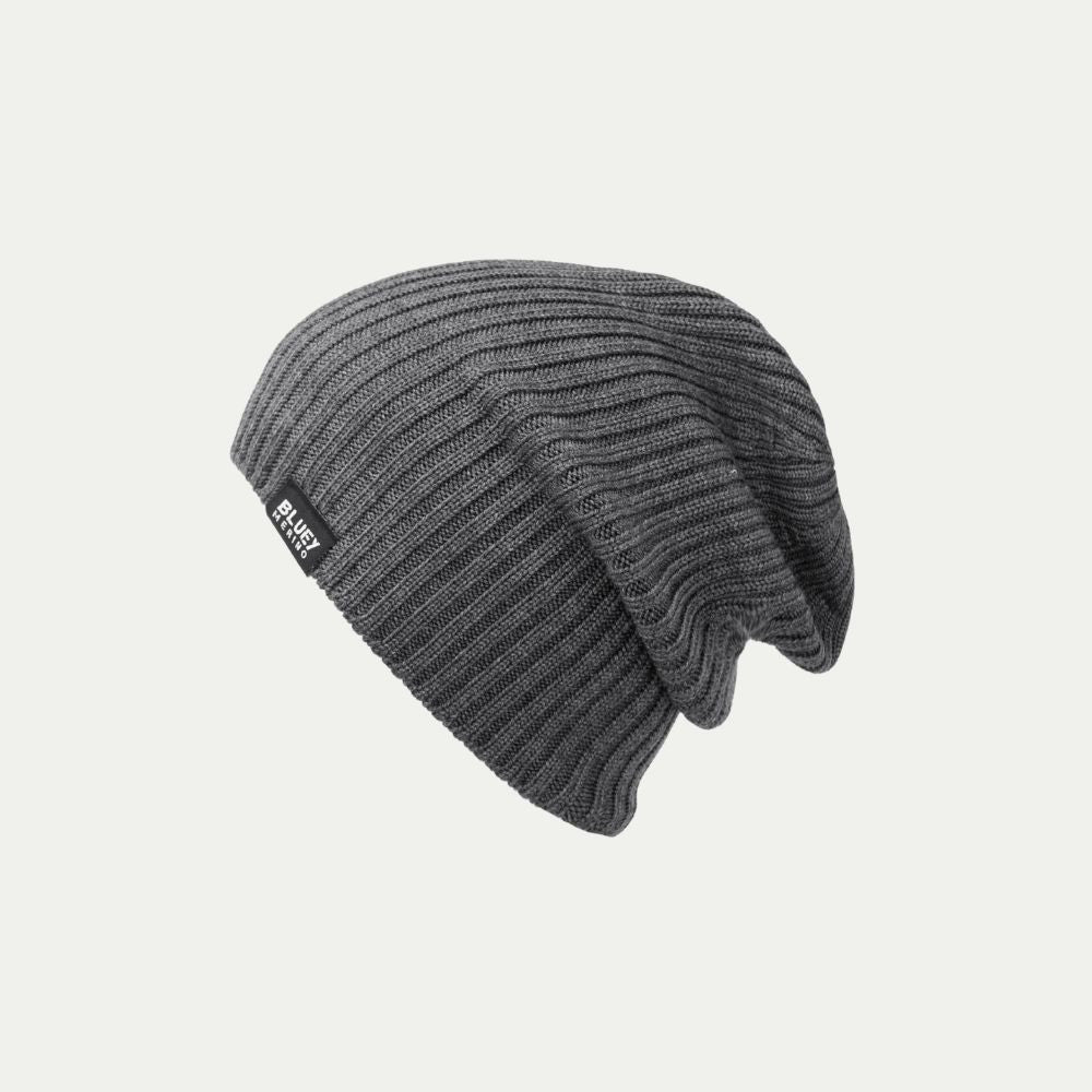 Slouchy style - Fisherman knit grey Merino beanie with a brand label © Bluey Merino Tasmania