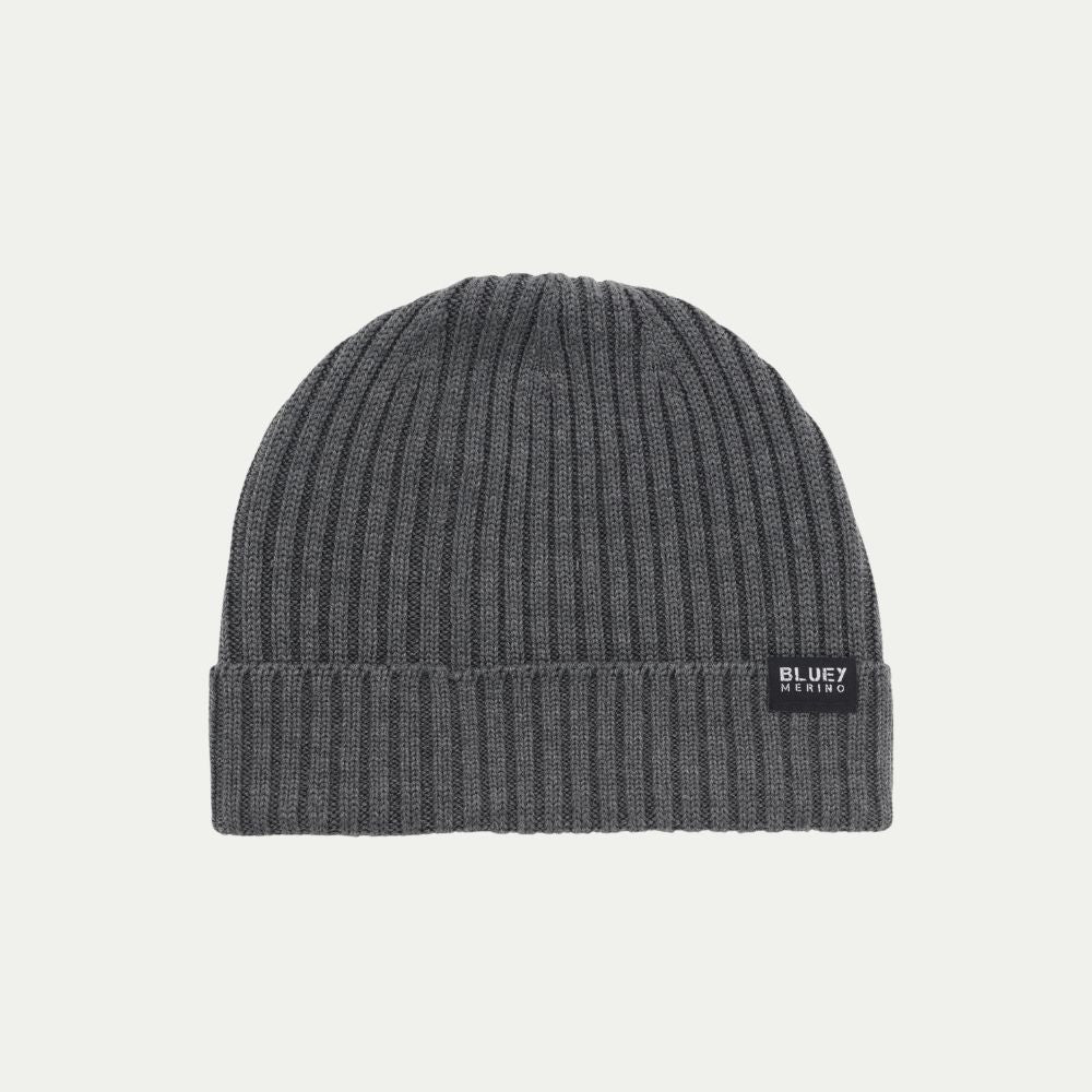 Fisherman knit grey Merino beanie with a brand label © Bluey Merino Tasmania