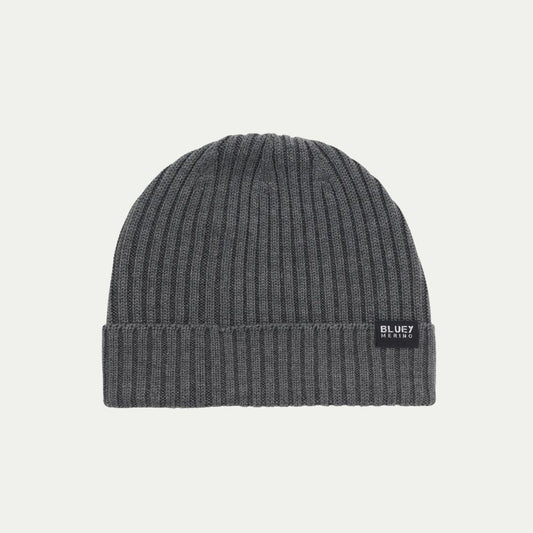 Fisherman knit grey Merino beanie with a brand label © Bluey Merino Tasmania
