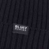 Up close - Fisherman knit Merino Black beanie with a brand label  © Bluey Merino Tasmania