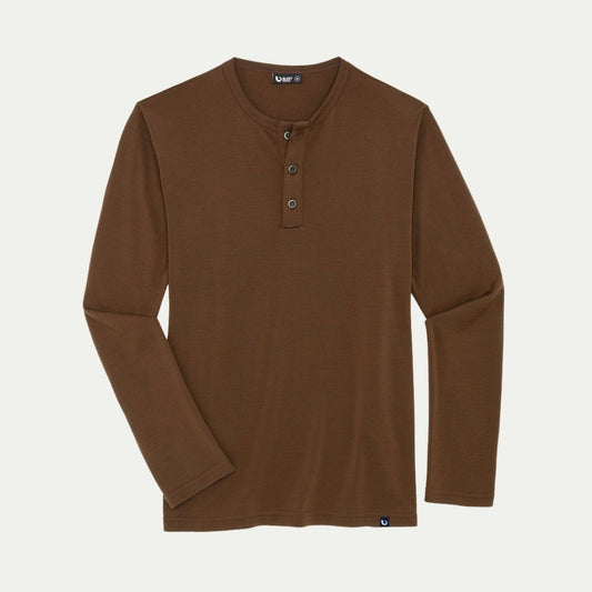 Brown long-sleeve Merino henley shirt on a light beige background © Bluey Merino Tasmania