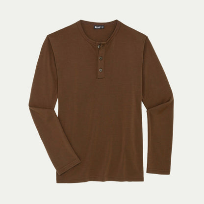 Merino Chestnut Brown long-sleeve henley shirt on a light grey background © Bluey Merino Tasmania