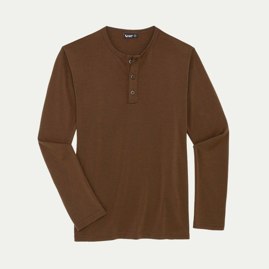 Merino Chestnut Brown long-sleeve henley shirt on a light grey background © Bluey Merino Tasmania