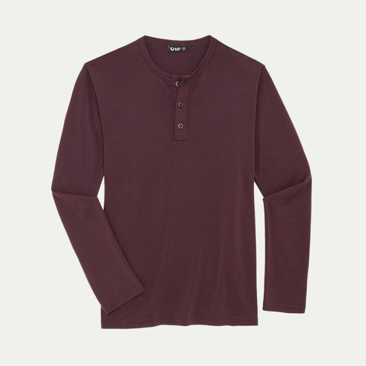 Maroon long-sleeve henley shirt on a light gray background