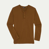 Brown long-sleeve henley shirt on a white background