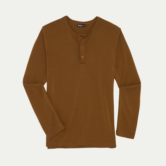 Brown long-sleeve henley shirt on a white background