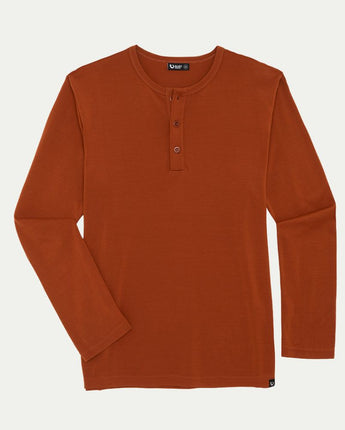 Brown long-sleeve henley shirt on a light gray background
