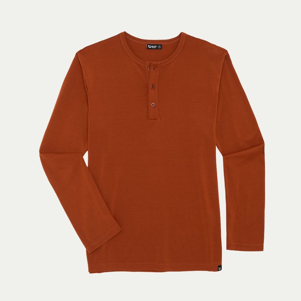Brown long-sleeve henley shirt on a light gray background