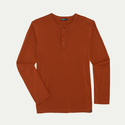 Brown long-sleeve henley shirt on a light gray background
