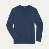 Blue long-sleeve henley shirt on a light gray background