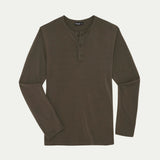 Brown long-sleeve henley shirt on a light gray background