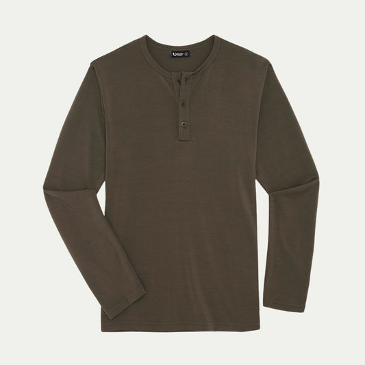 Brown long-sleeve henley shirt on a light gray background