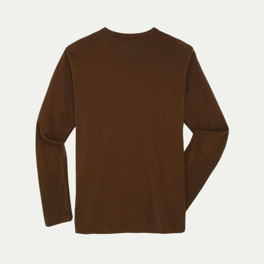 Merino Chestnut Brown long-sleeve henley shirt on a light grey background © Bluey Merino Tasmania
