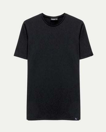 Merino Black t-shirt on a light gray background